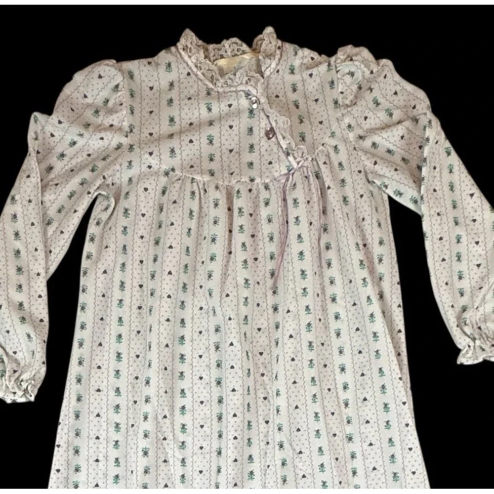 Vtg Sears Girls Nightgown Sz L Floral Cottage Ruffle 80s Hearts Bow Lace Prairie
